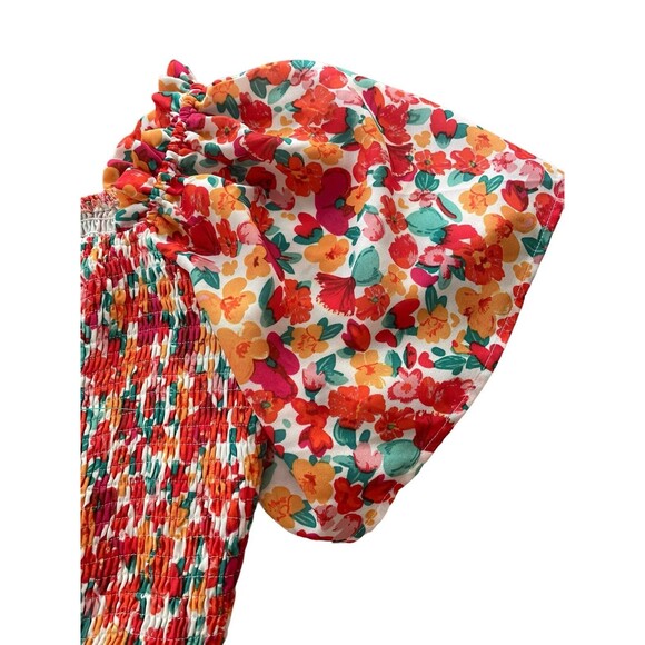 Lillusory Tiered Floral Dress Smocking Sweet Feminine Boho Flowy Coral Pink S - Picture 3 of 12